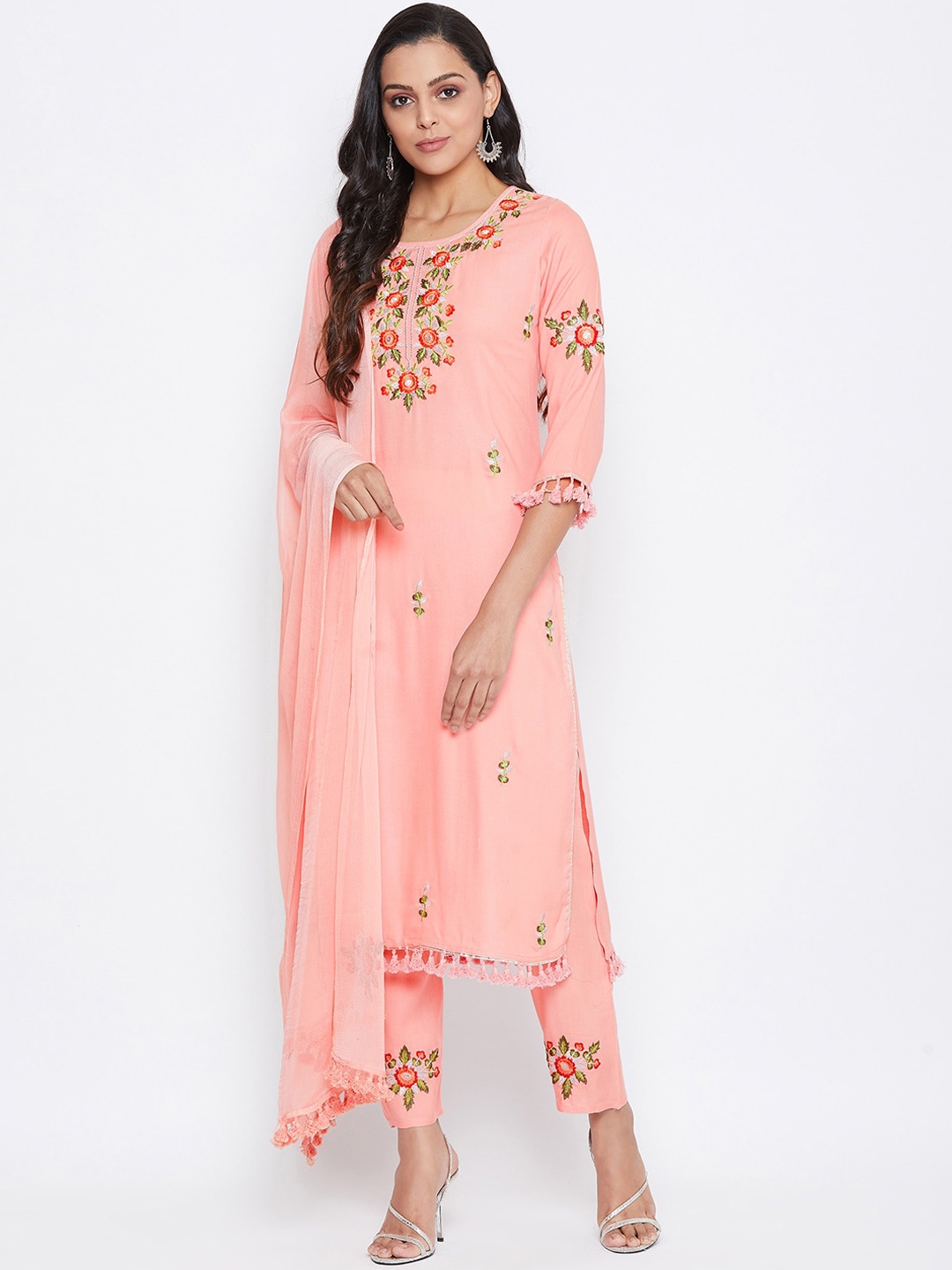 

Prakhya Women Peach-Coloured Embroidered Kurta with Trousers & Dupatta