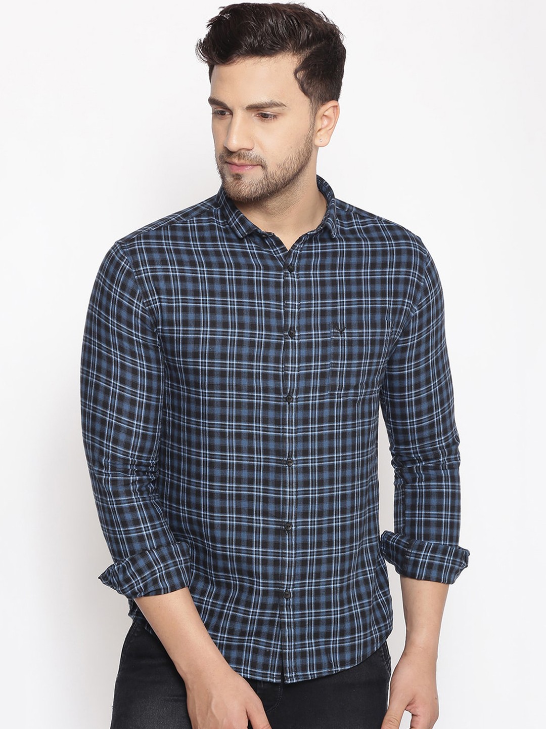 

SHOWOFF Men Blue & White Cotton Classic Slim Fit Checked Casual Shirt