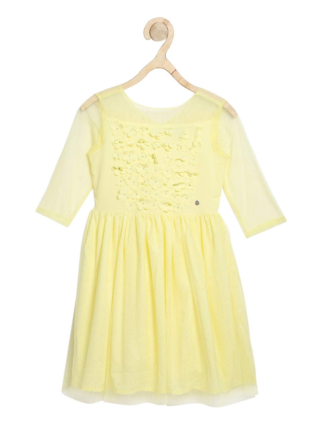 

Allen Solly Junior Girls Yellow Floral Applique Shimmer A-Line Dress