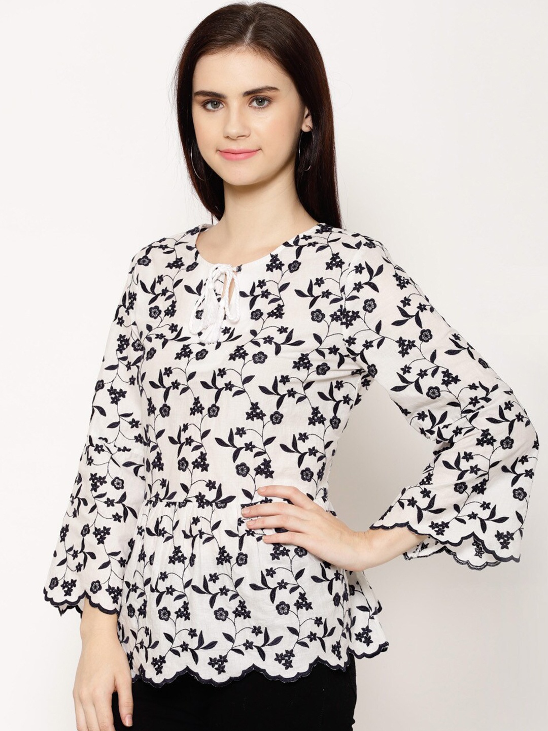 

HOUSE OF KKARMA White & Black Floral Regular Top