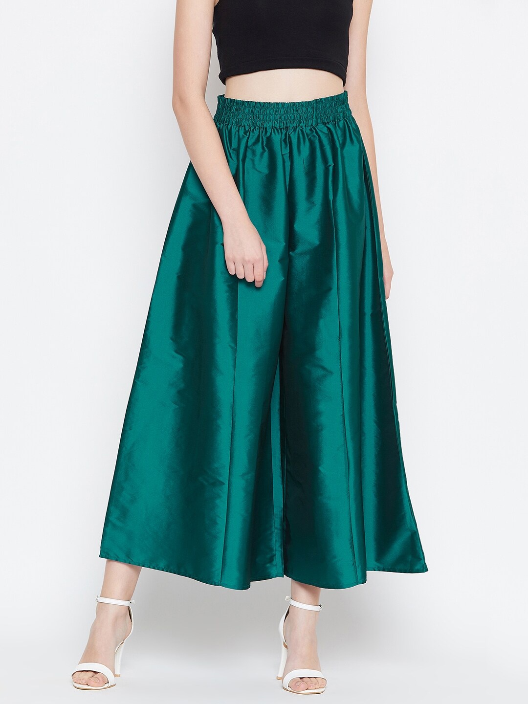 

PANIT Women Green Solid Flared Satin Palazzos
