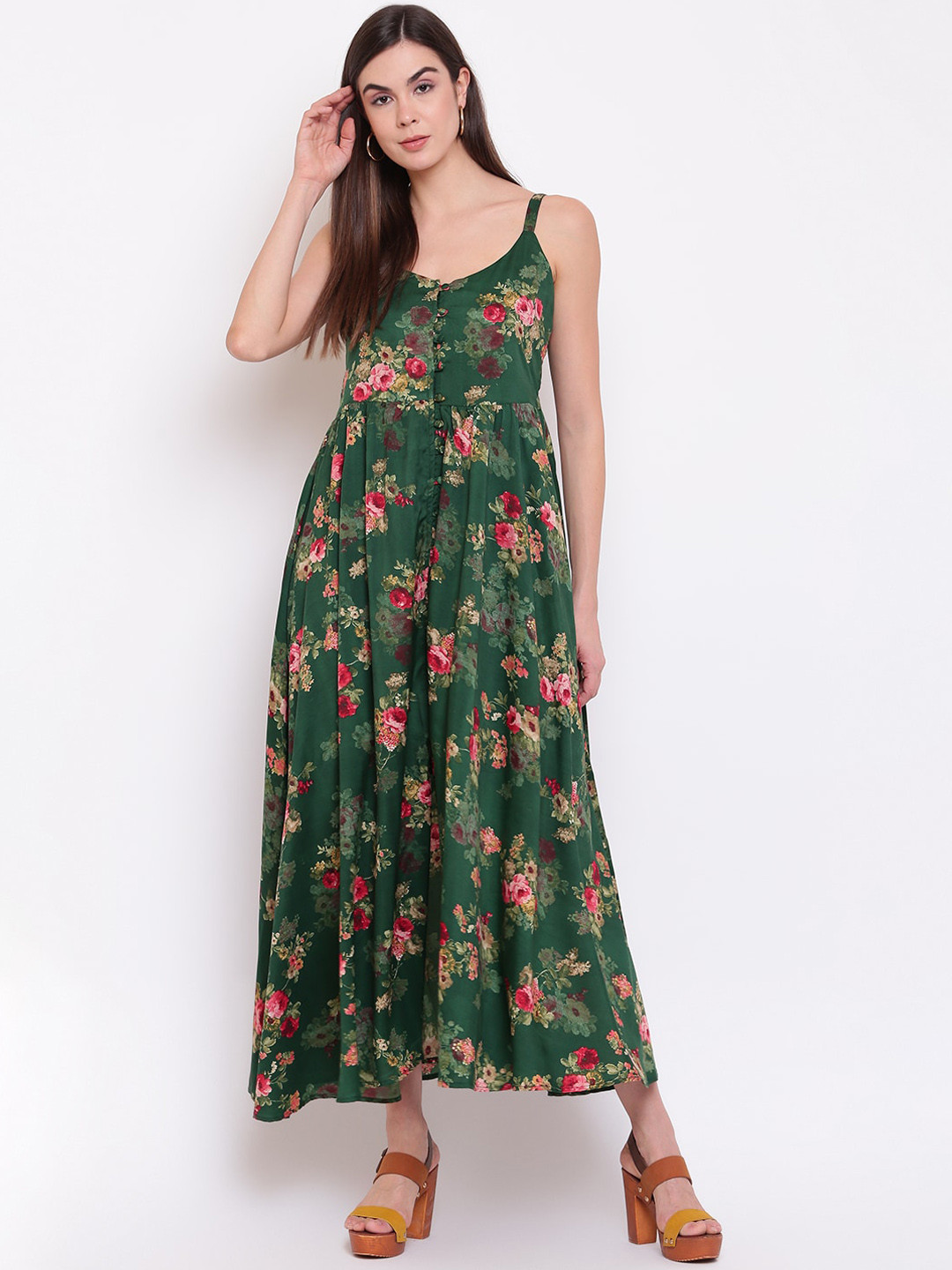 

Ashnaina Women Green & Pink Printed Maxi Dress
