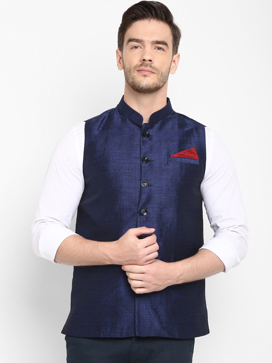

Hangup Men Navy Blue Solid Woven Nehru Jacket