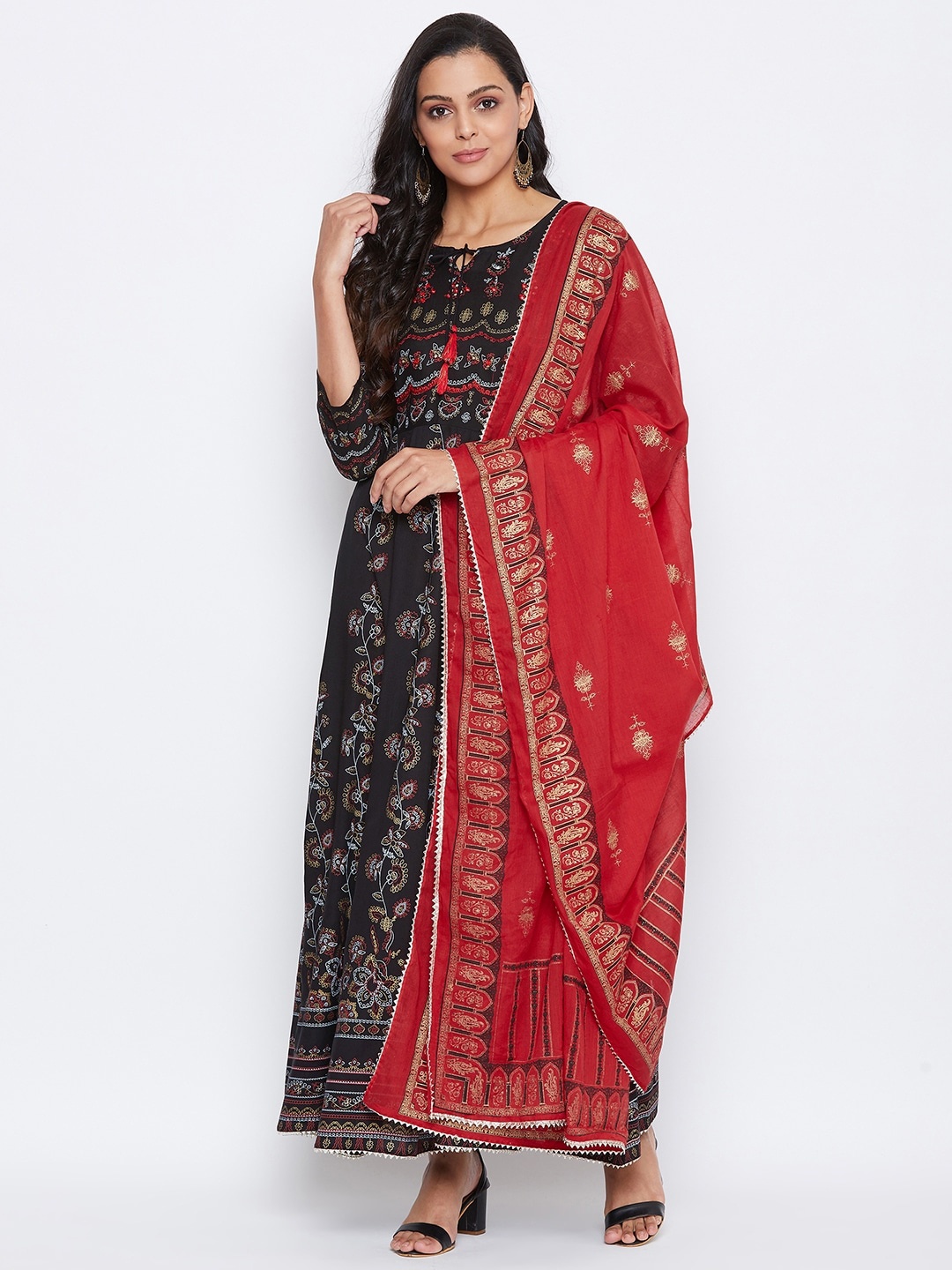 

Prakhya Women Black & Red Embroidered Kurta with Churidar & Dupatta