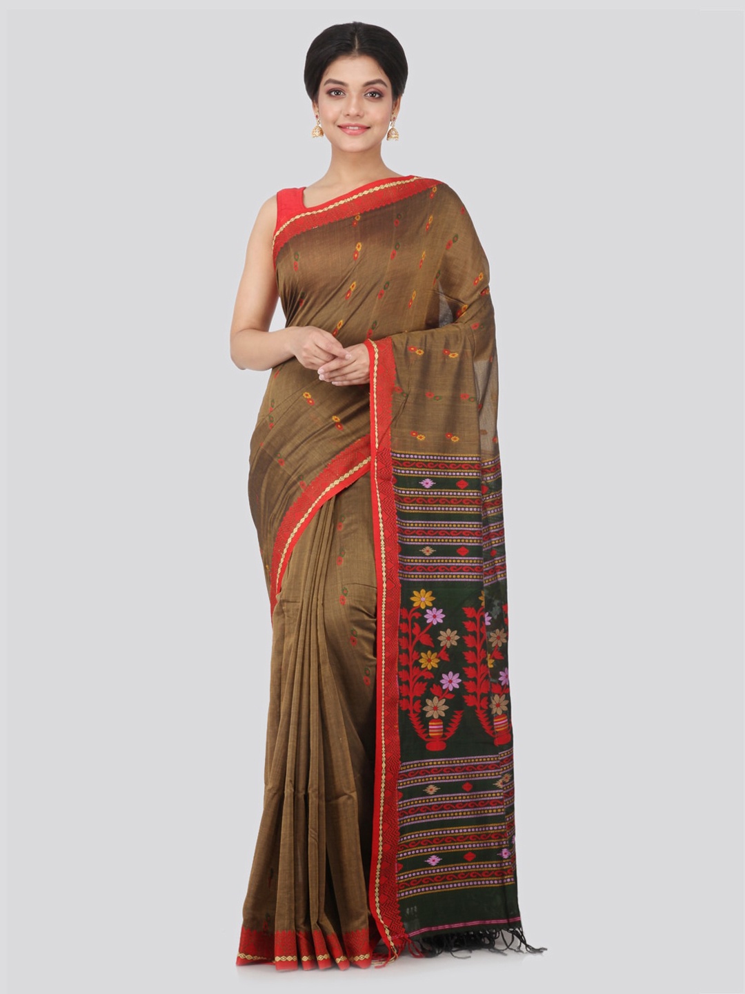 PinkLoom Brown Woven Design Pure Cotton Handloom Saree