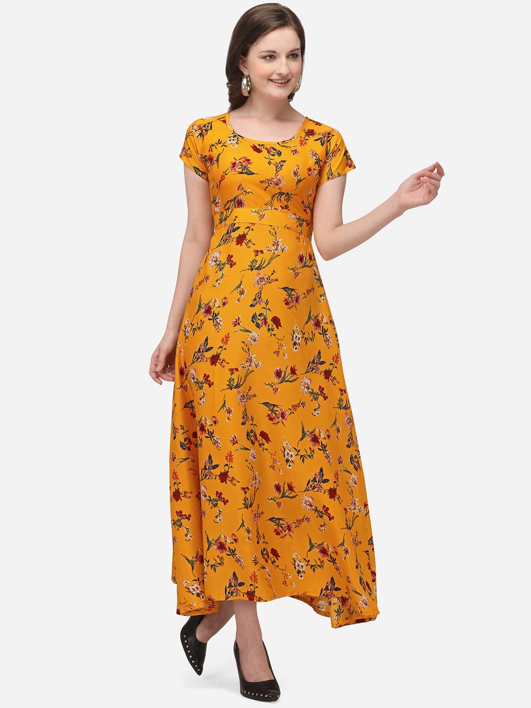 

Florence Women Yellow & Maroon Floral Printed Maxi Dress