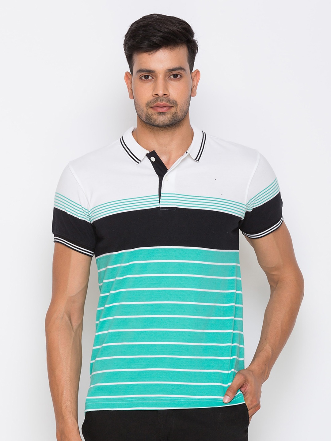 

Globus Men Sea Green & White Striped Polo Collar T-shirt