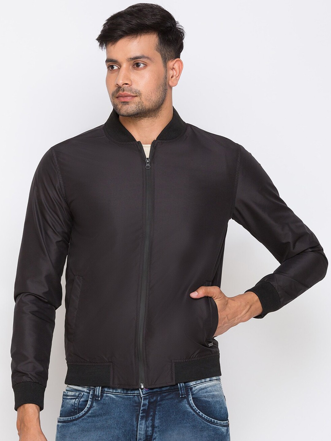 

Globus Men Black Solid Bomber Jacket