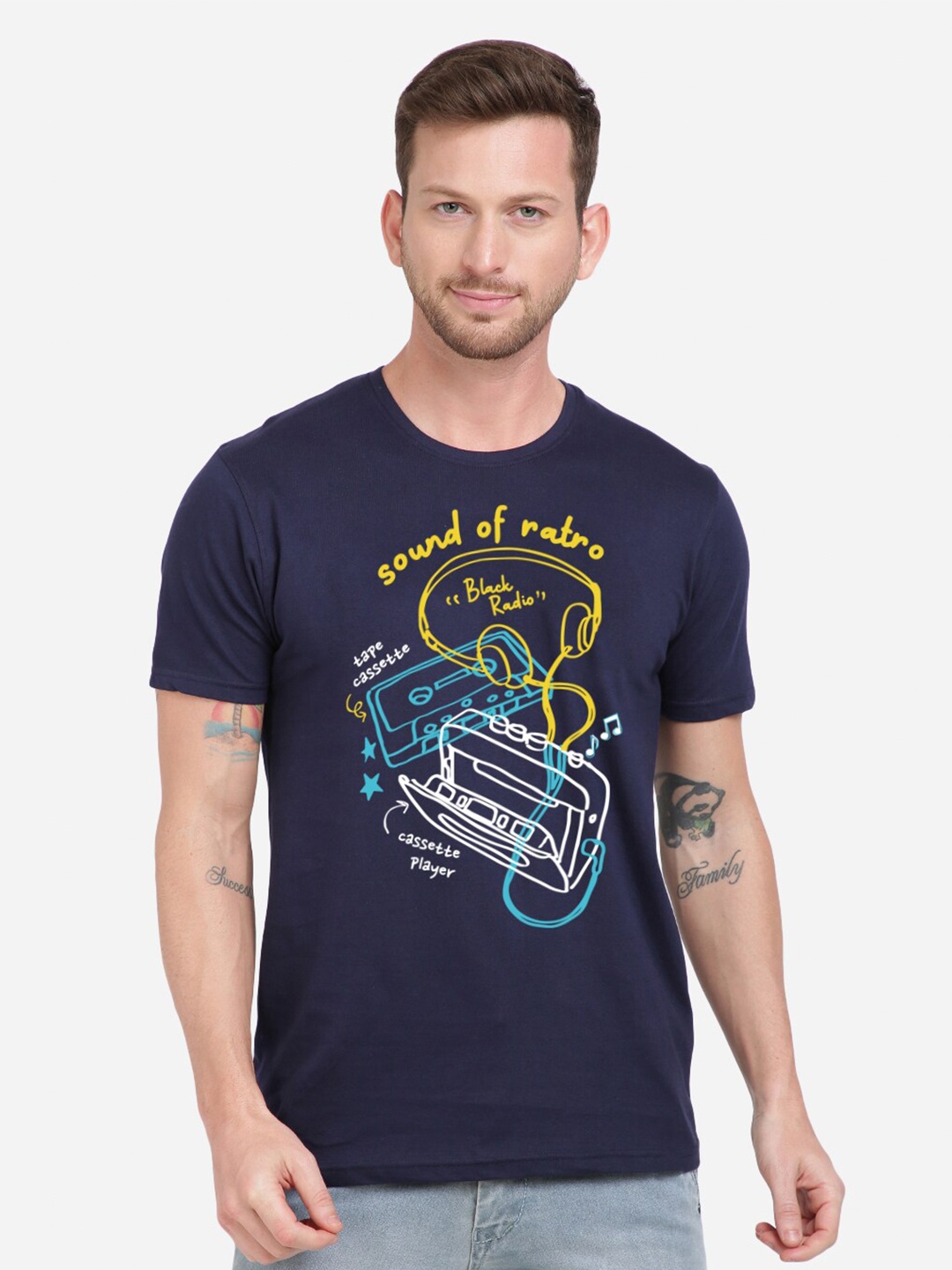 

MASH UNLIMITED Men Navy Blue Printed Round Neck Cotton T-shirt