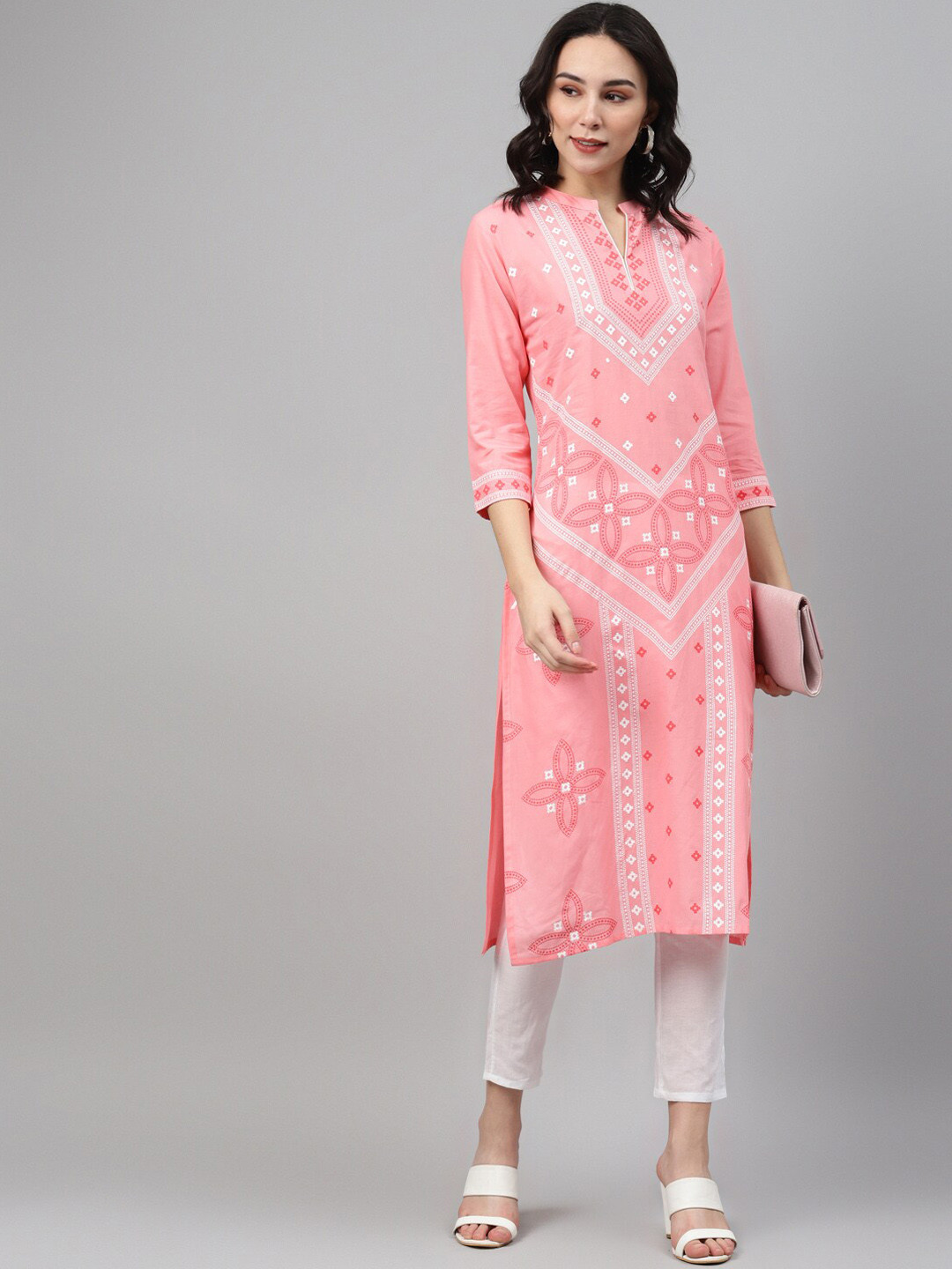 

ZIYAA Women Pink & Off White Ethnic Motifs Printed Kurta