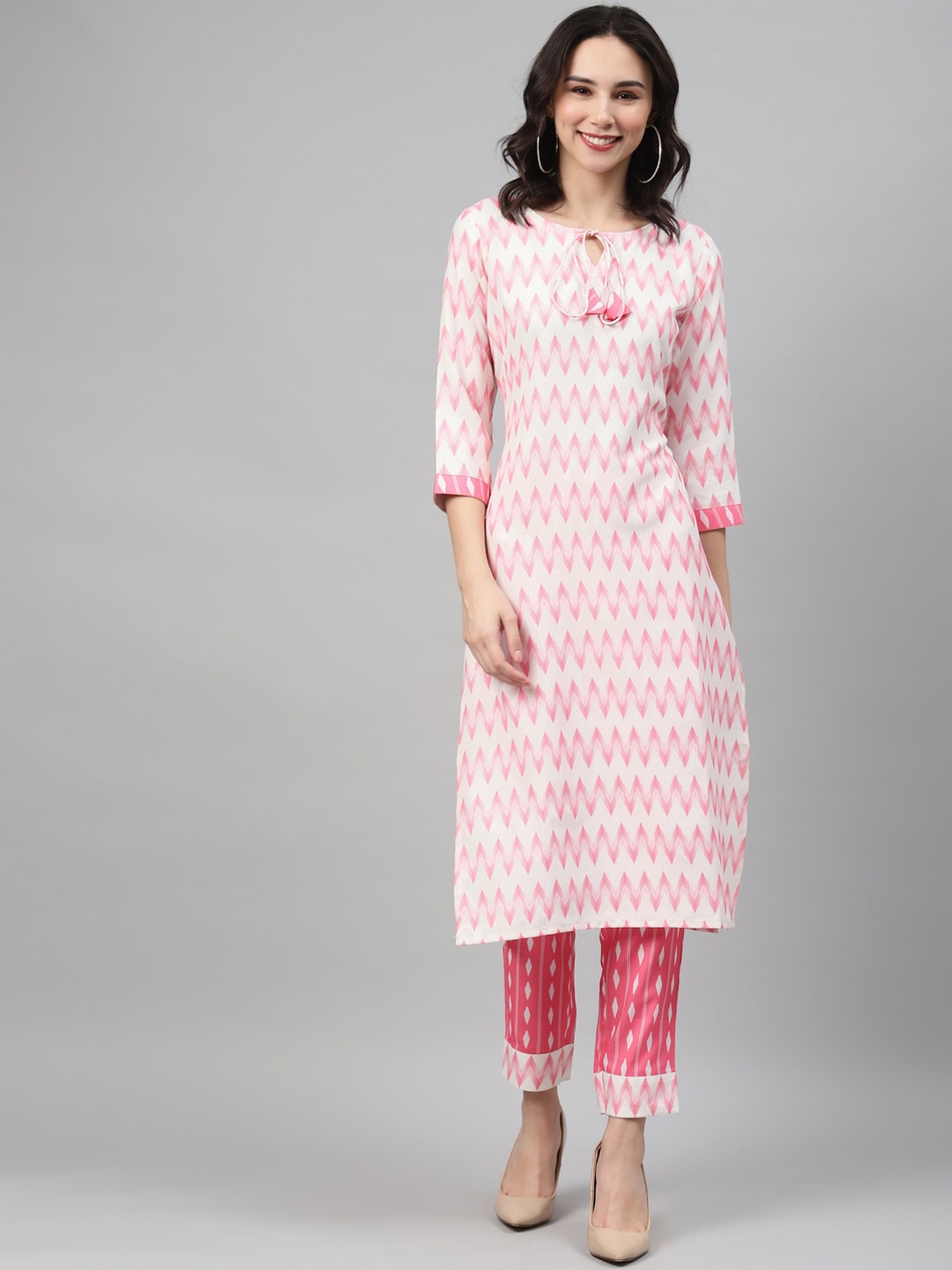 

ZIYAA Women Pink & White Chevron Printed Kurta