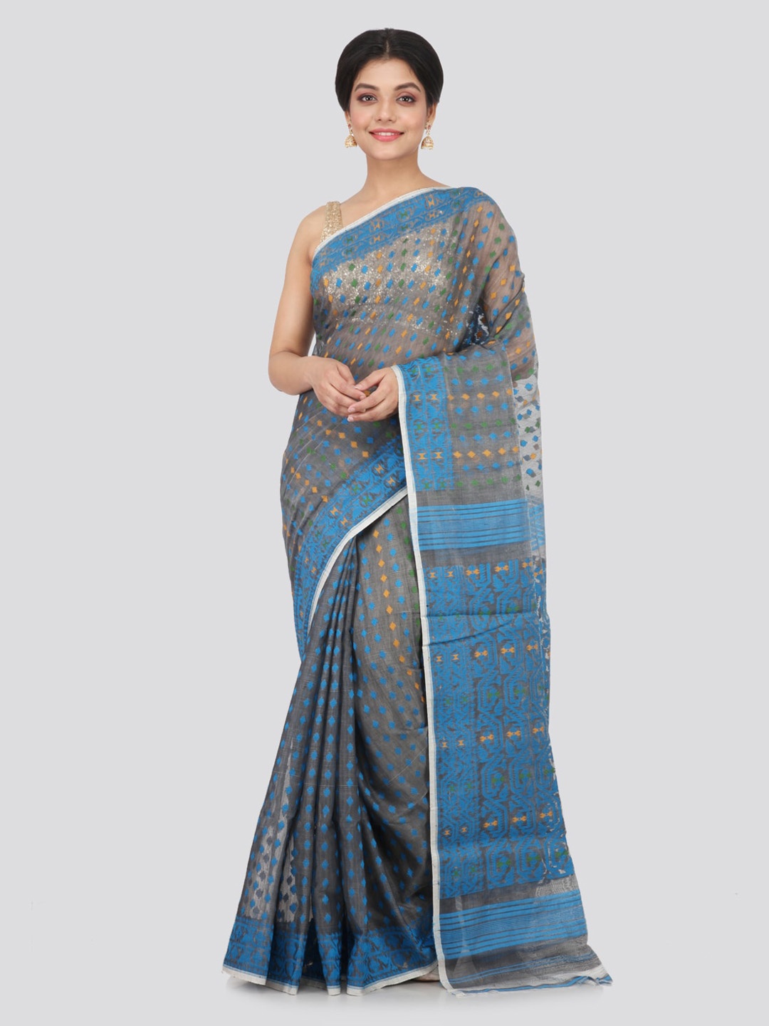 

PinkLoom Grey Pure Cotton Woven Design Handloom Jamdani Sustainable Saree