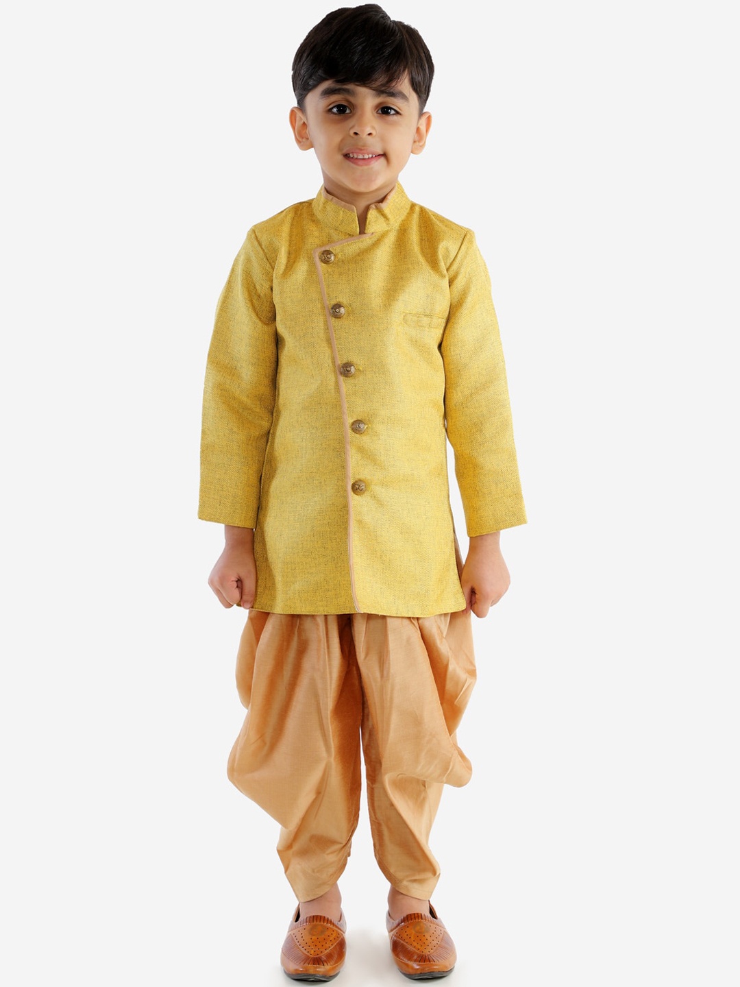 

JBN Creation Infant Boys Mustard-Yellow & Beige Self-Design Sherwani Set