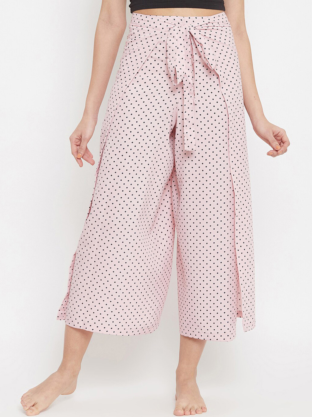 

Clovia Women Pink & Black Polka Dot Printed Cropped Lounge Pants With Knotted Headband
