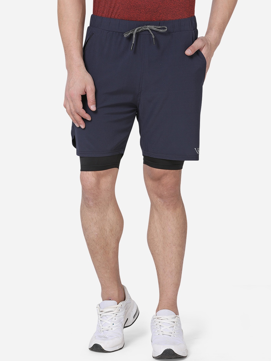 

VS by Sehwag Men Navy Blue Solid Regular Fit Double Layer 4 Way Stretchable Sports Shorts