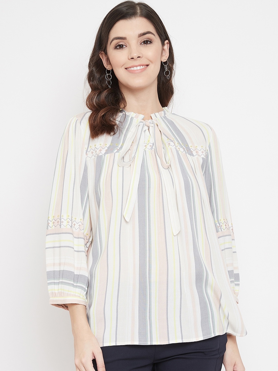 

Madame Multicoloured Striped Tie-Up Neck Regular Top, Multi