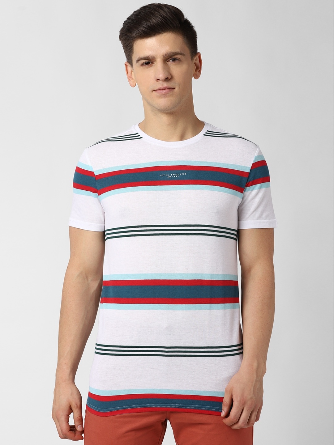 

Peter England Casuals Men White Striped Round Neck T-shirt