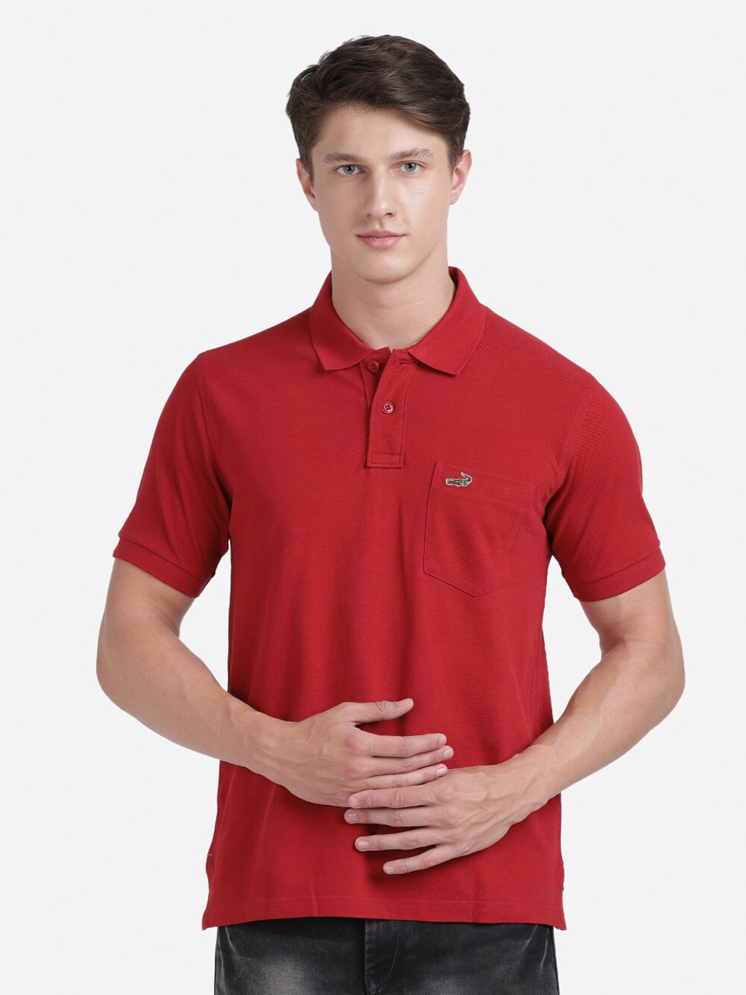 

Crocodile Men Red Solid Polo Collar Cotton T-shirt
