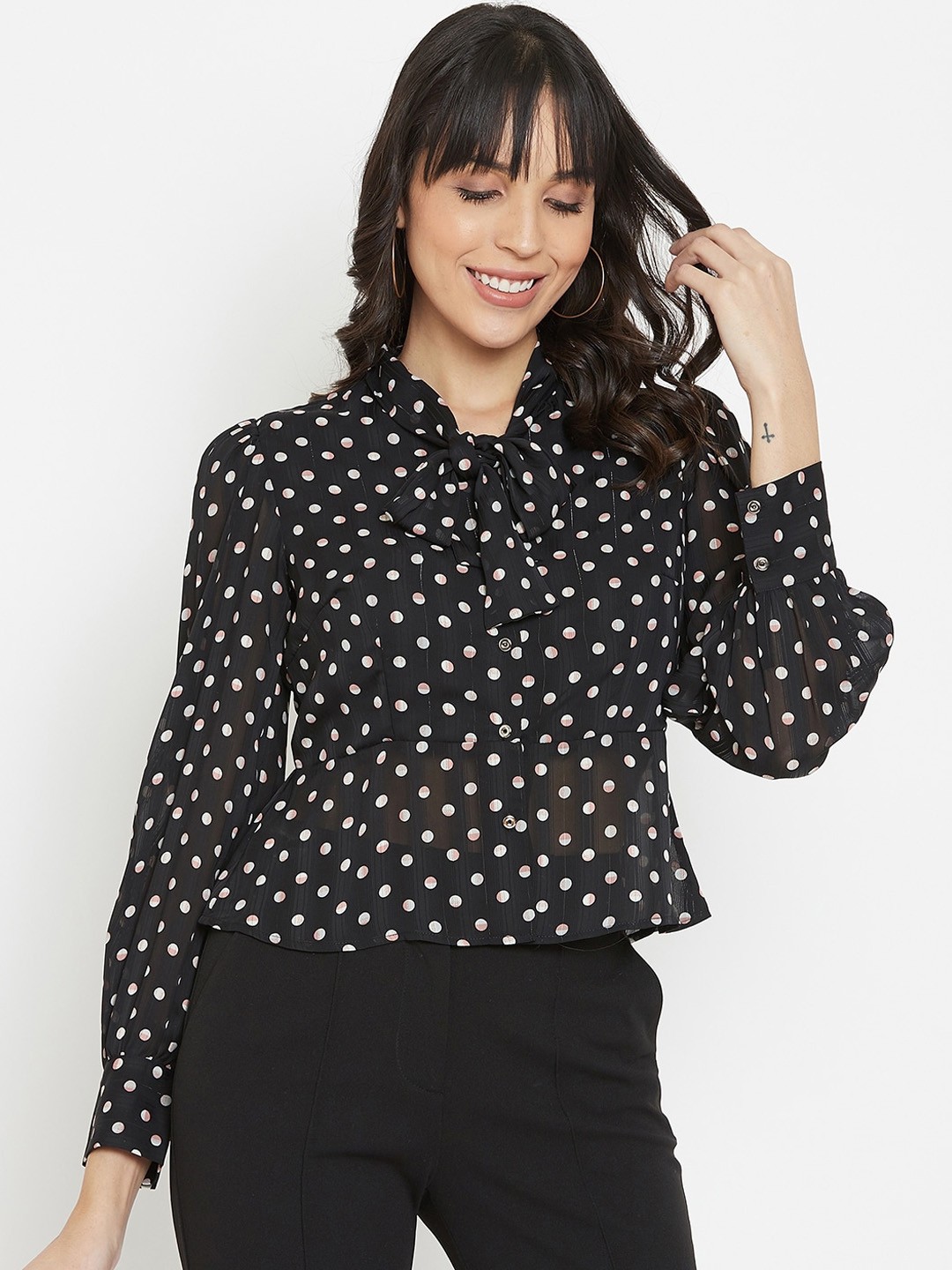 

Madame Black Tie-Up Neck Regular Top