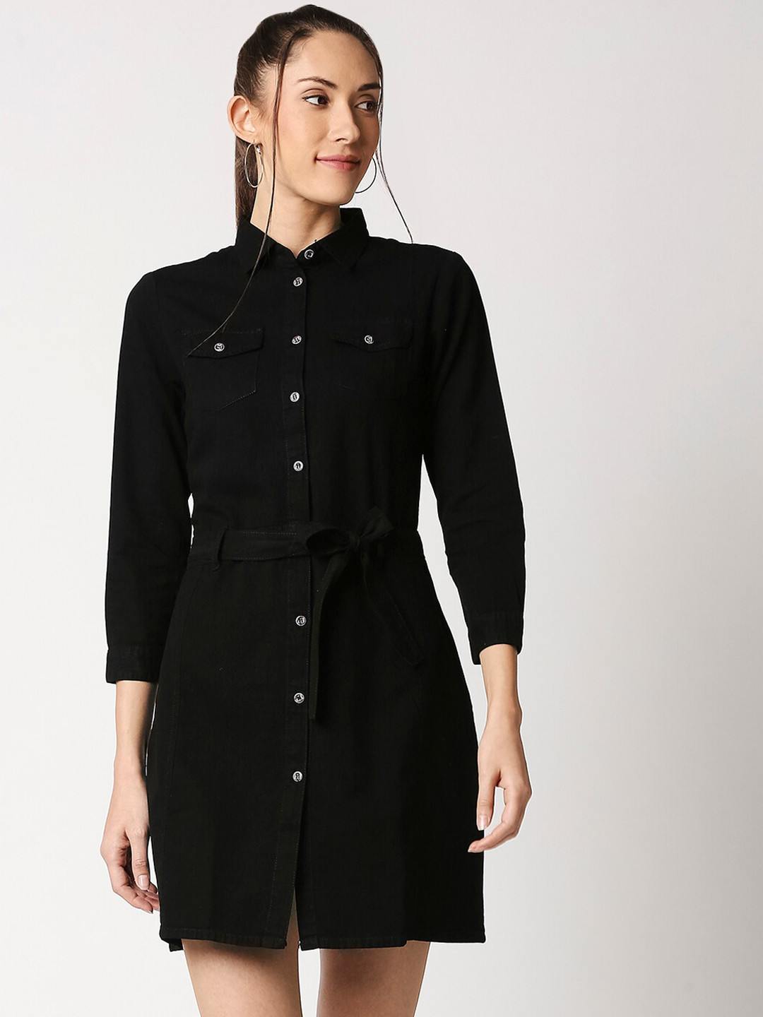

High Star Women Black Solid Denim Shirt Dress with Belt