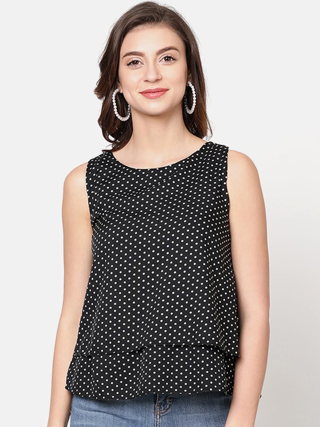 

V2 Value & Variety Black & White Polka Dots Crepe Regular Top