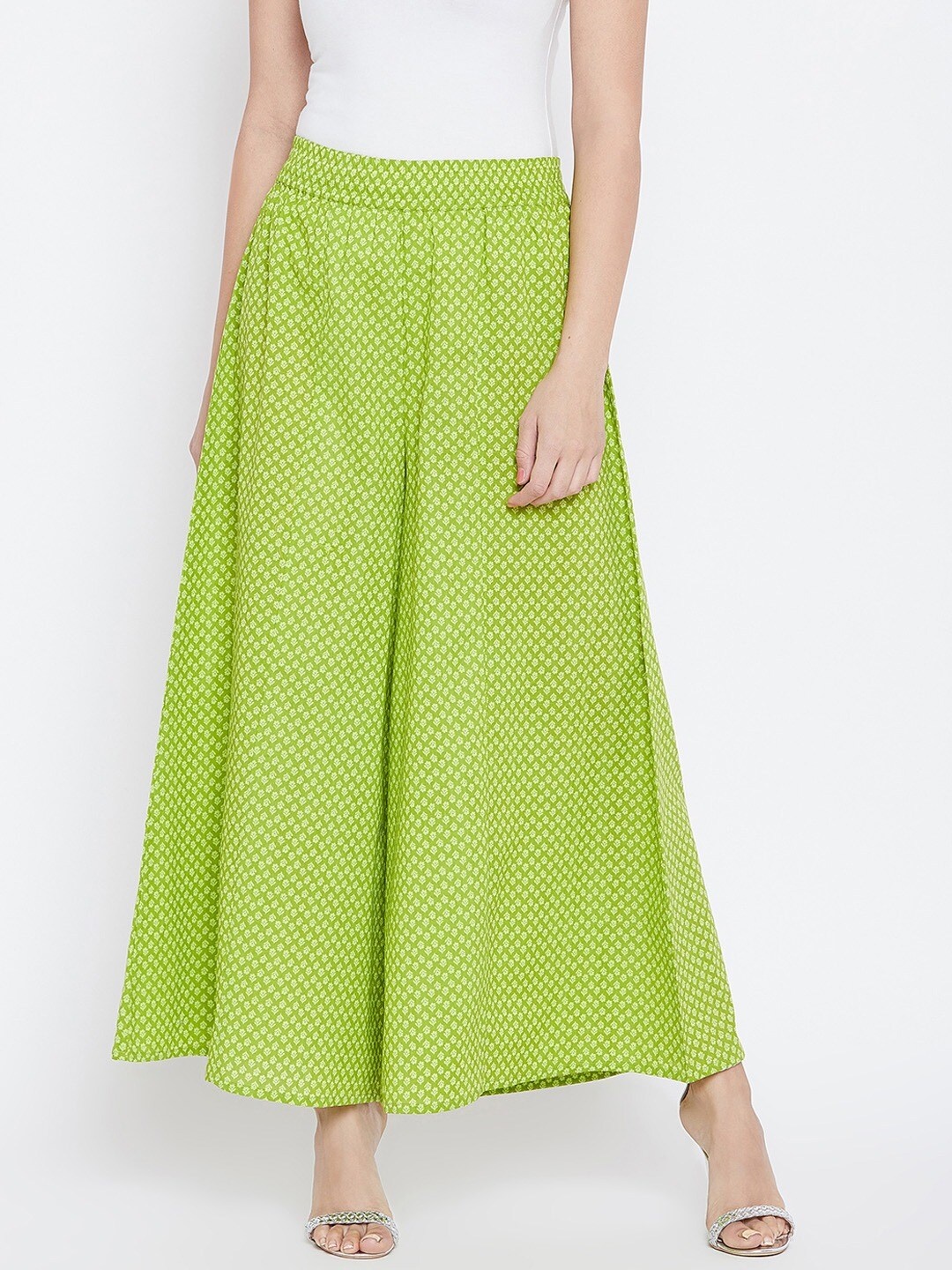 

PANIT Women Green & Cream-Coloured Printed Flared Palazzos