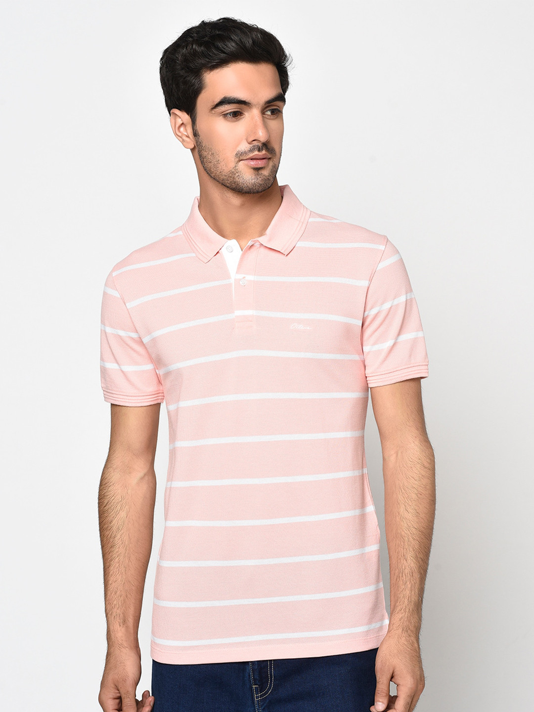 

Octave Men Pink Striped Polo Collar T-shirt