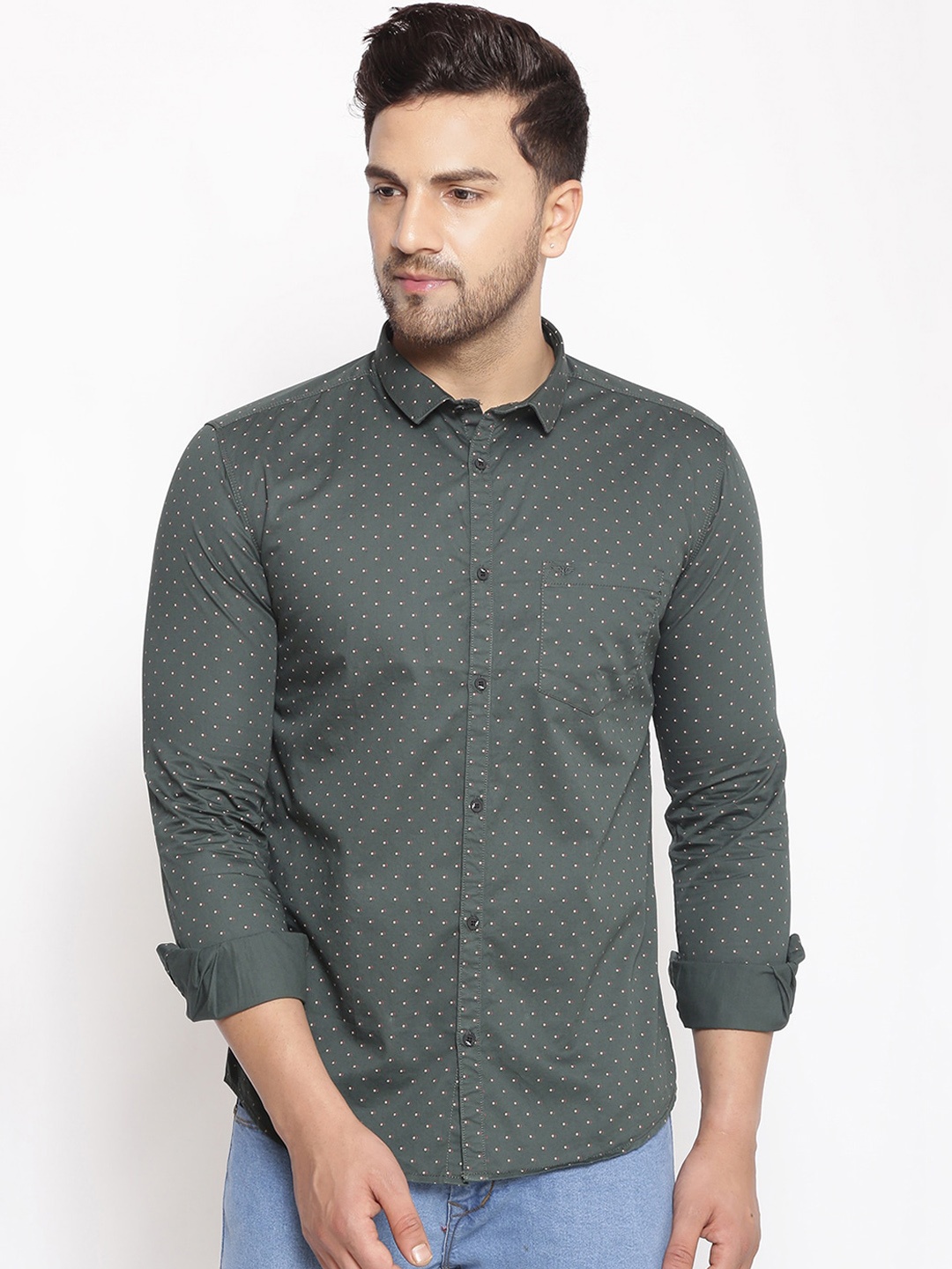 

SHOWOFF Men Green Cotton Classic Slim Fit Printed Casual Shirt