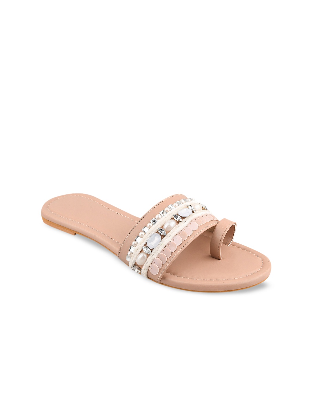 

KALTHEOS Women Peach-Coloured & Off-White Beaded Embellished One Toe Flats