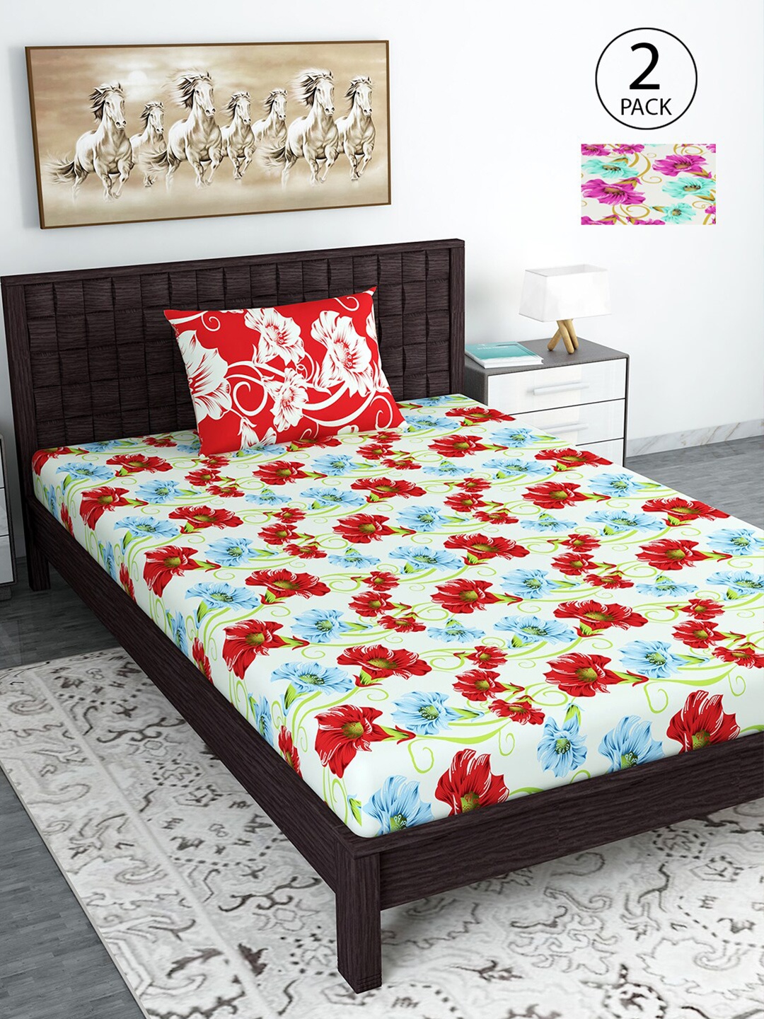 

Divine Casa White & Red Floral 180 TC Cotton 2 Single Bedsheet with 4 Pillow Covers