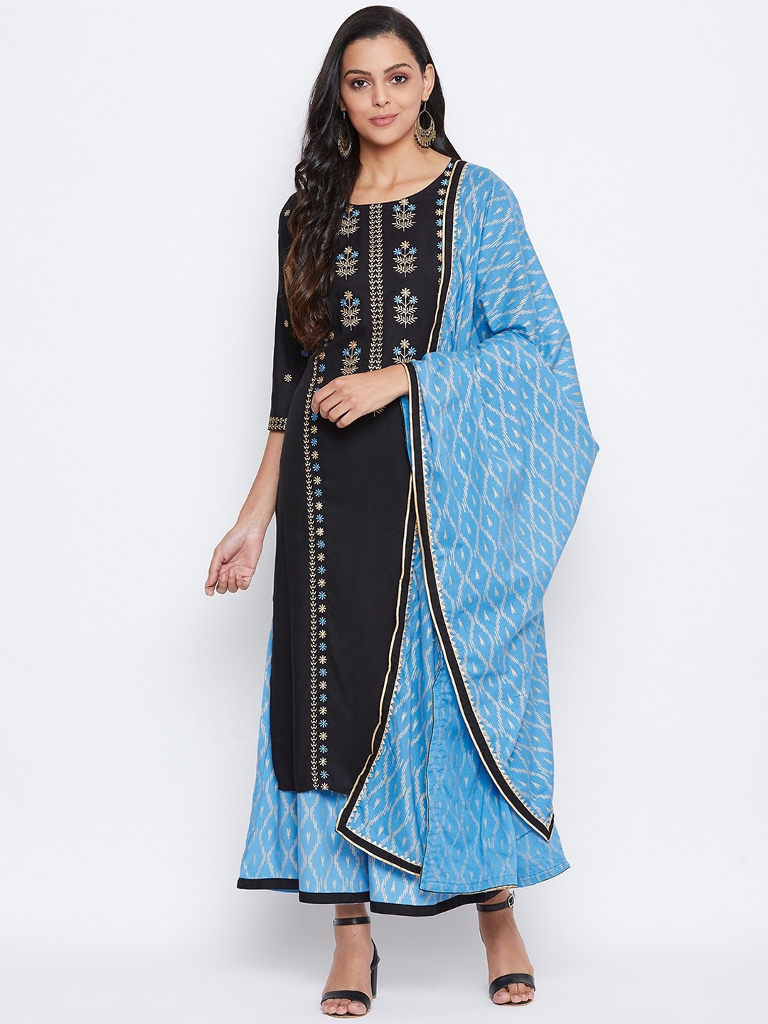 

Prakhya Women Blue Embroidered Long Straight Rayon Kurta