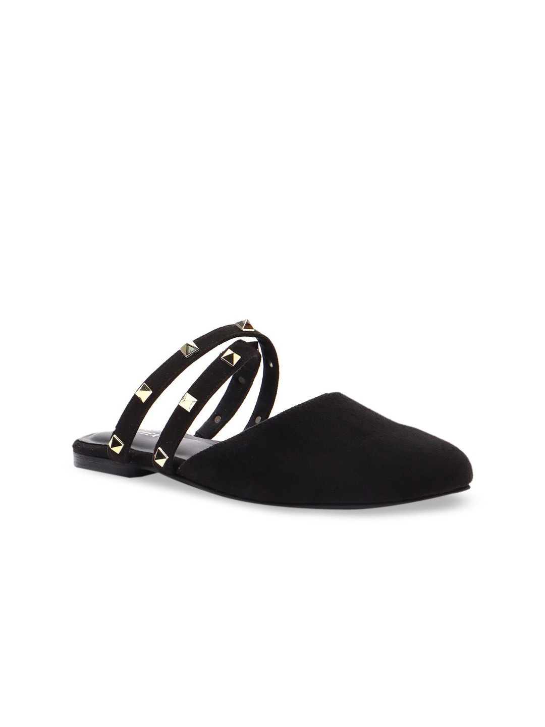 

FOREVER 21 Women Black Solid Embellished Suede Mules