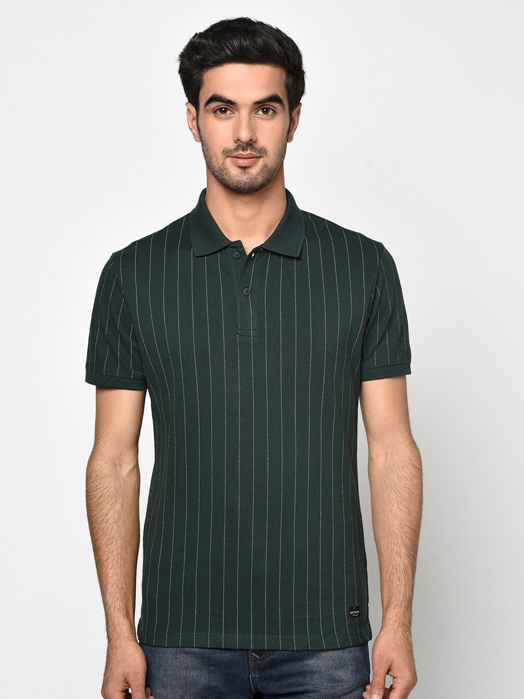 

Octave Men Green Striped Polo Collar T-shirt