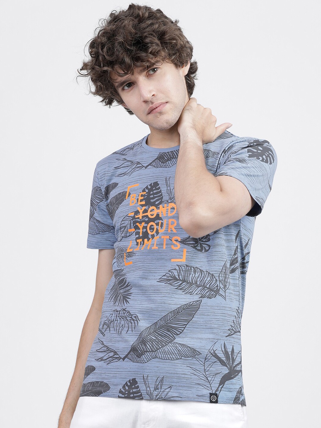 

LOCOMOTIVE Men Blue & Grey Cotton Printed Round Neck T-shirt