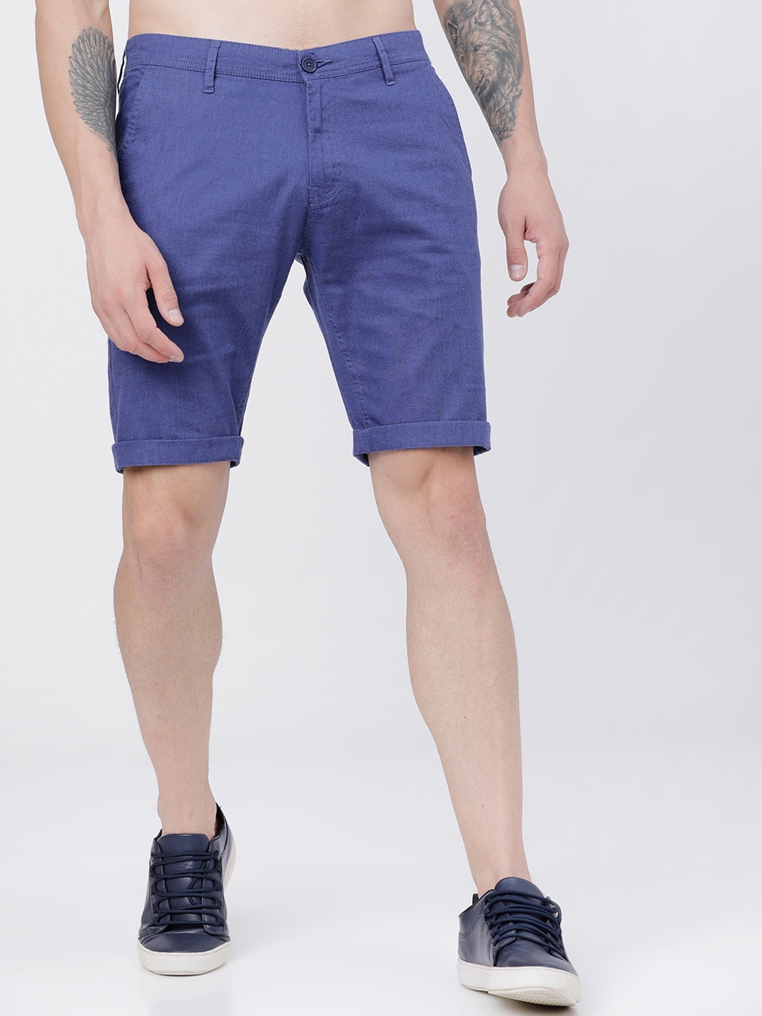 

HIGHLANDER Men Blue Solid Slim Fit Cotton Linen Chino Shorts