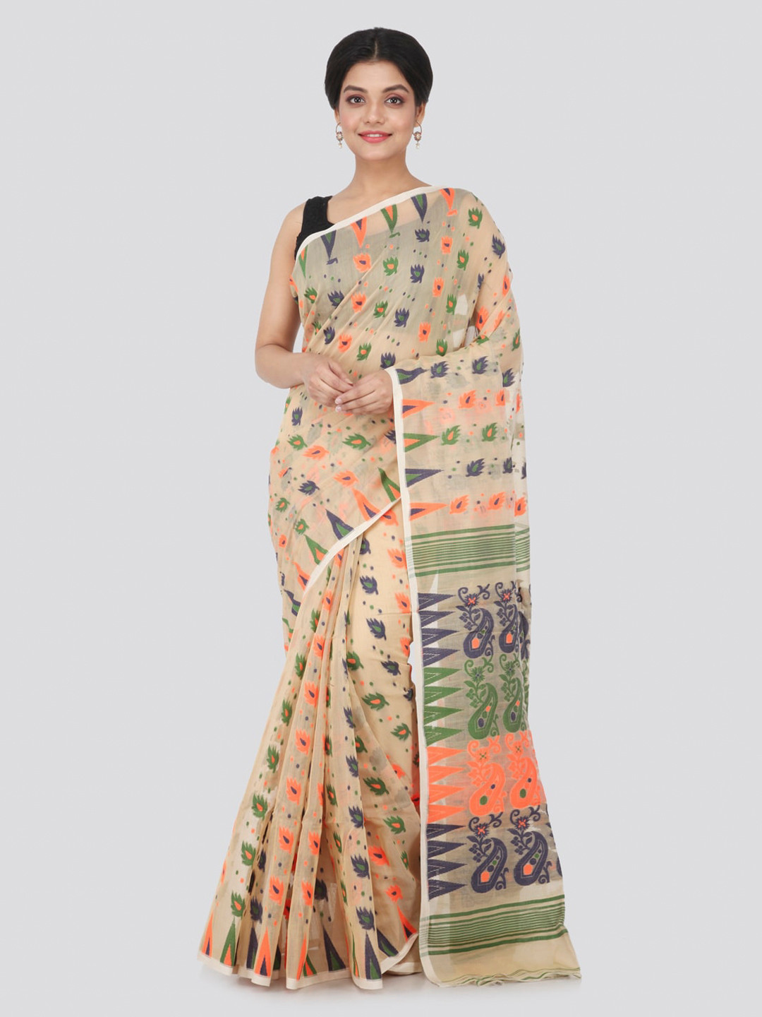 

PinkLoom Beige Pure Cotton Woven Design Jamdani Saree