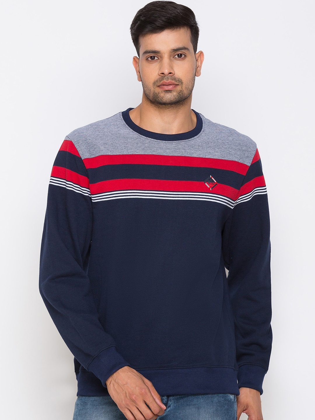 

Globus Men Navy Blue & Red Striped Cotton Sweatshirt