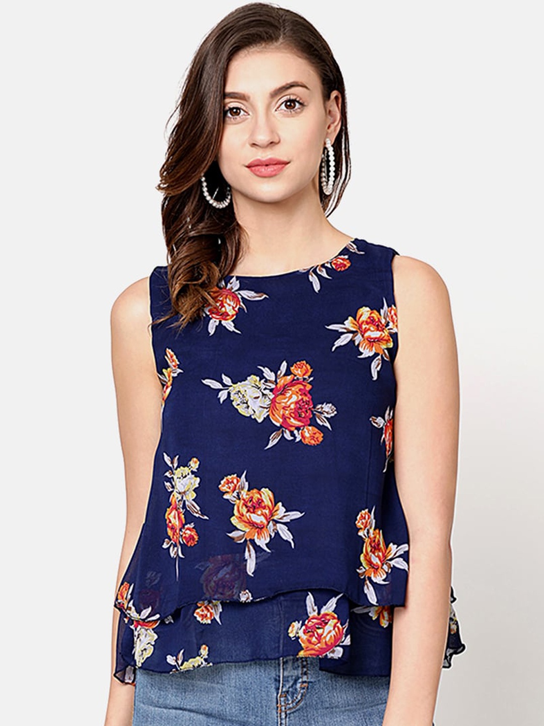 

V2 Value & Variety Blue Floral Layered Georgette A-Line Top