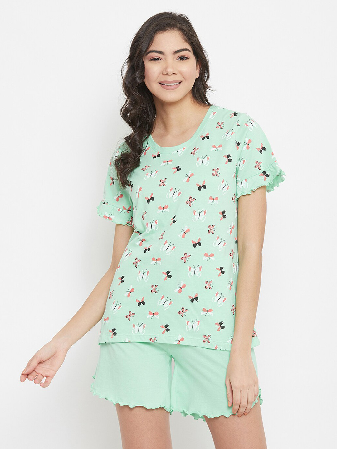 

Clovia Women Green Butterfly Printed Cotton Night Suit