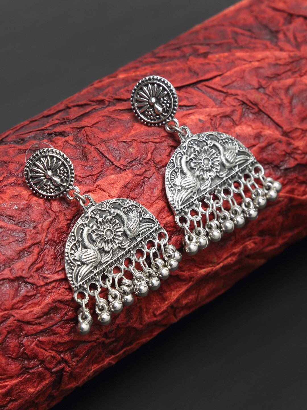 

NEUDIS Silver-Plated Oxidised Dome Shaped Jhumkas