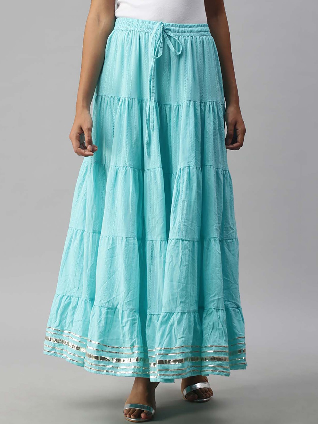 

Soch Women Turquoise Blue Embroidered Cotton Tiered Maxi Skirt