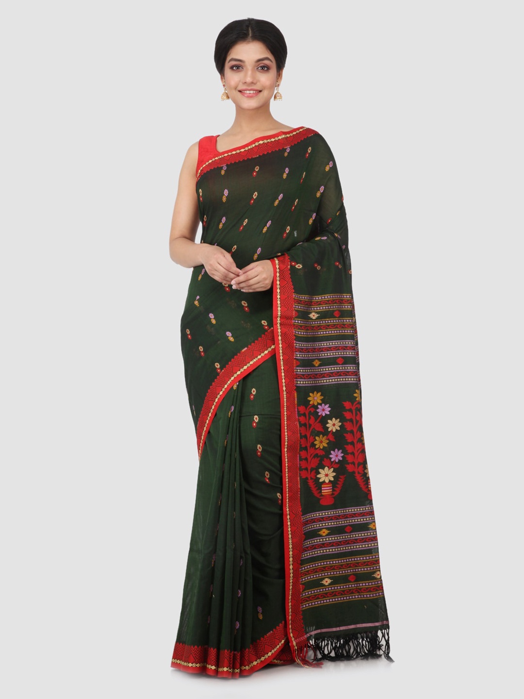 PinkLoom Green Woven Design Pure Cotton Handloom Saree