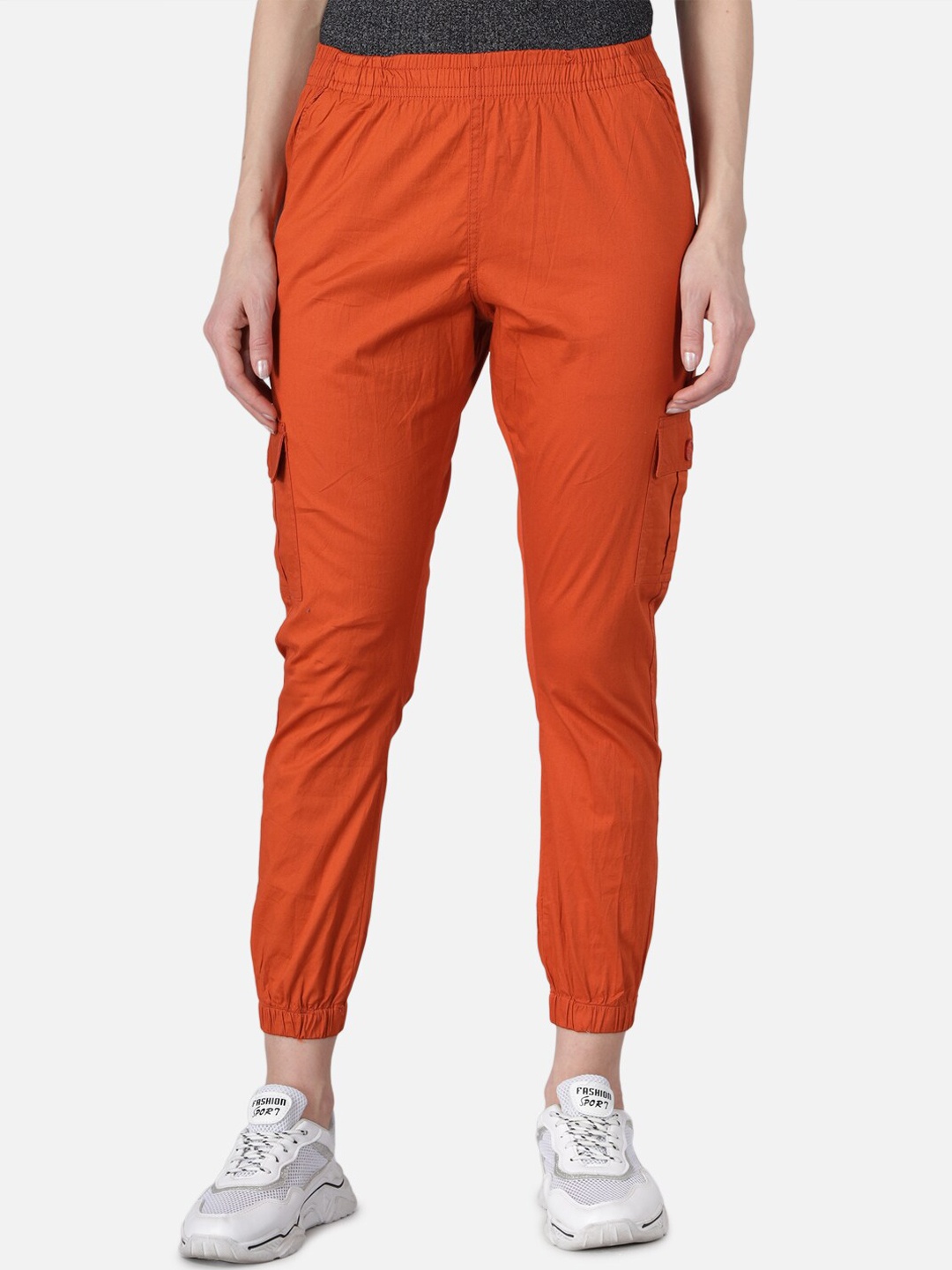 

The Dry State Women Rust Orange Cotton Regular Fit Solid Cropped Cargo Joggers