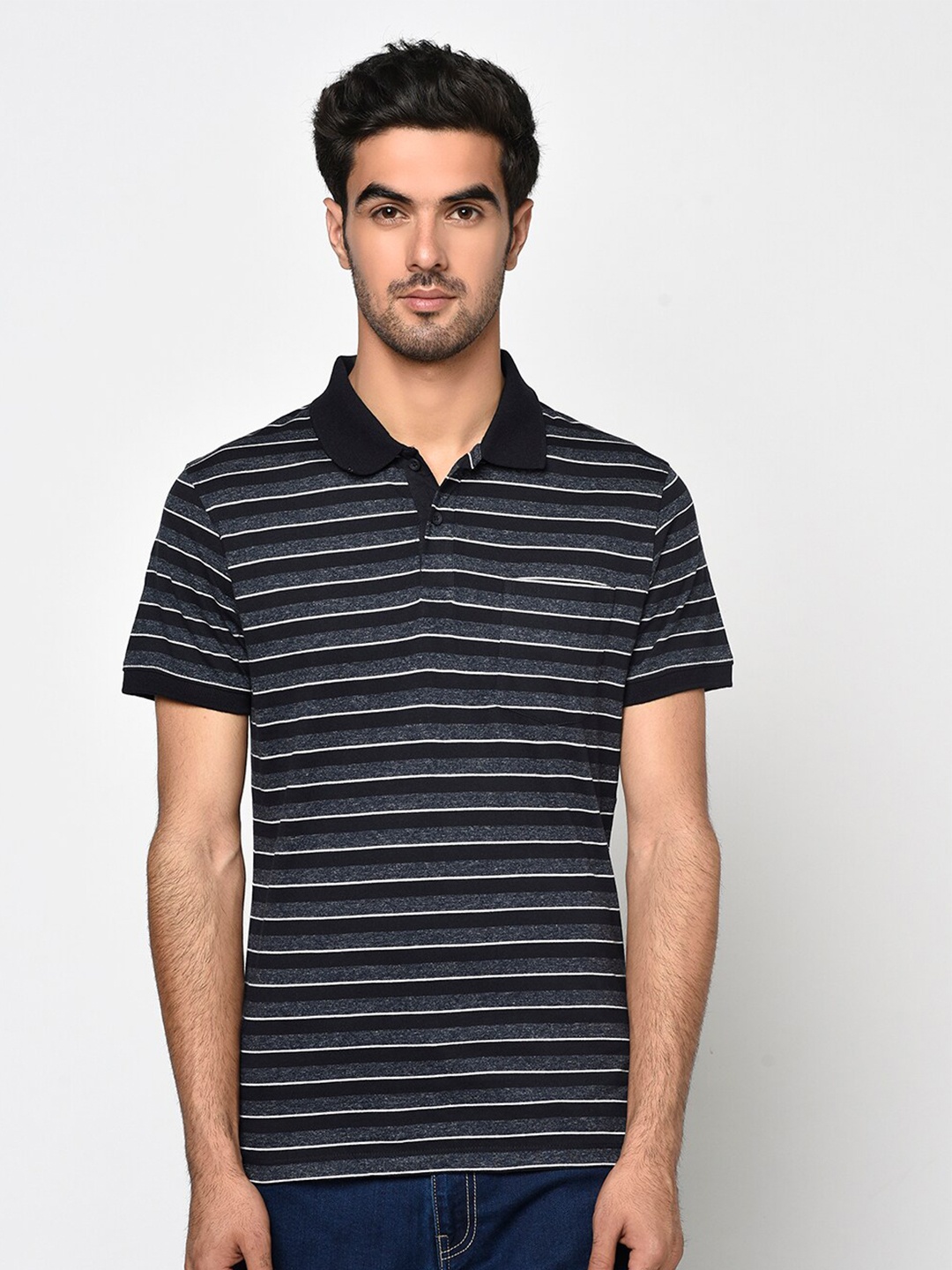 

Octave Men Grey Striped Polo Collar T-shirt