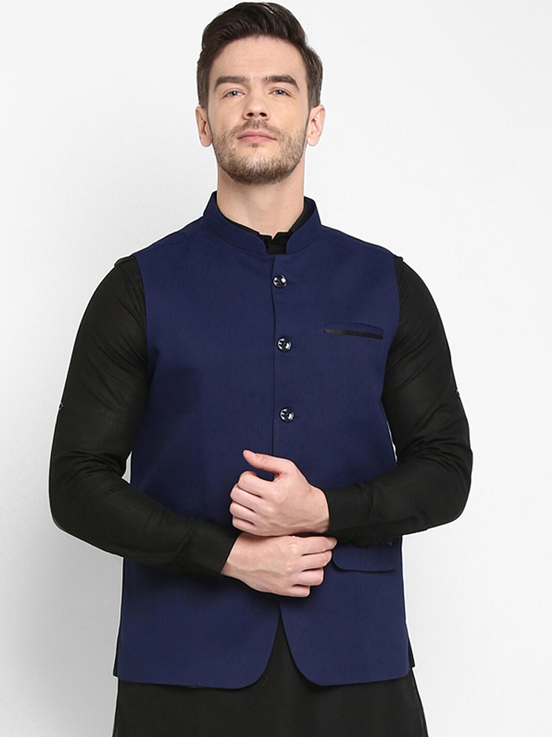 

Hangup Men Navy Blue Solid Woven Nehru Jacket