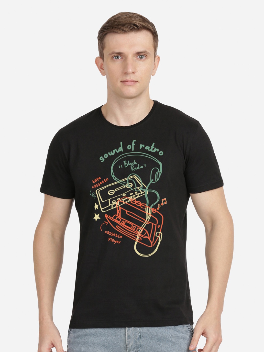

MASH UNLIMITED Men Black Printed Round Neck Cotton T-shirt
