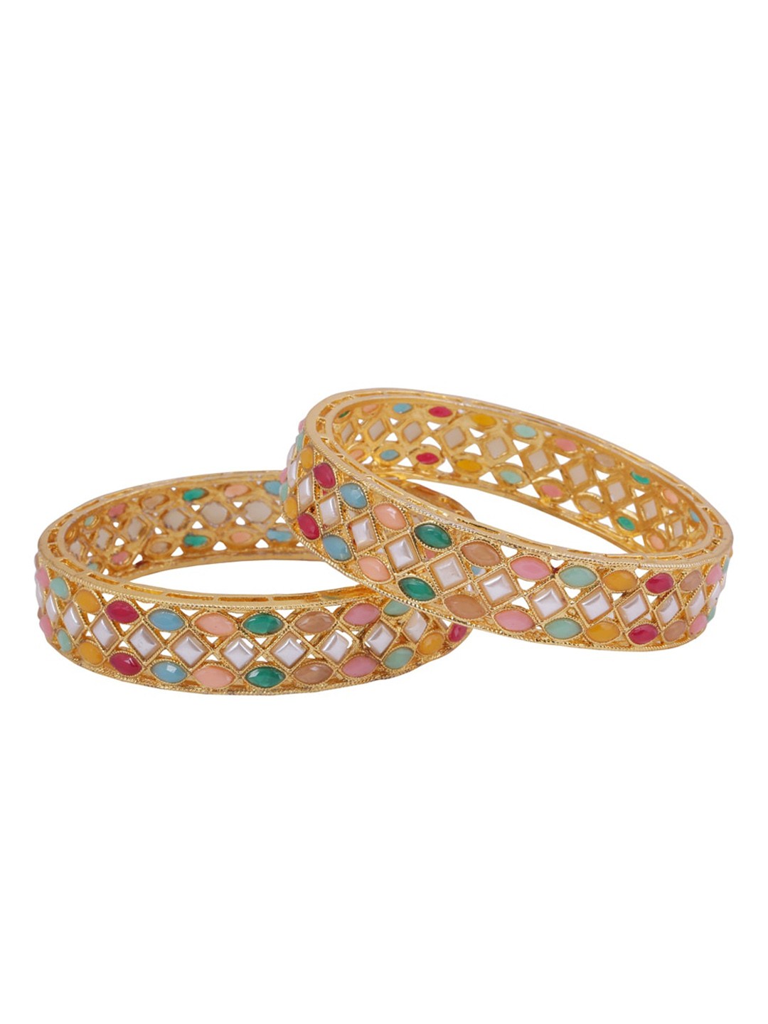 

Shoshaa Women Set Of 2 Gold-Plated Pink & Green Stone-Studded Handcrafted Bangles