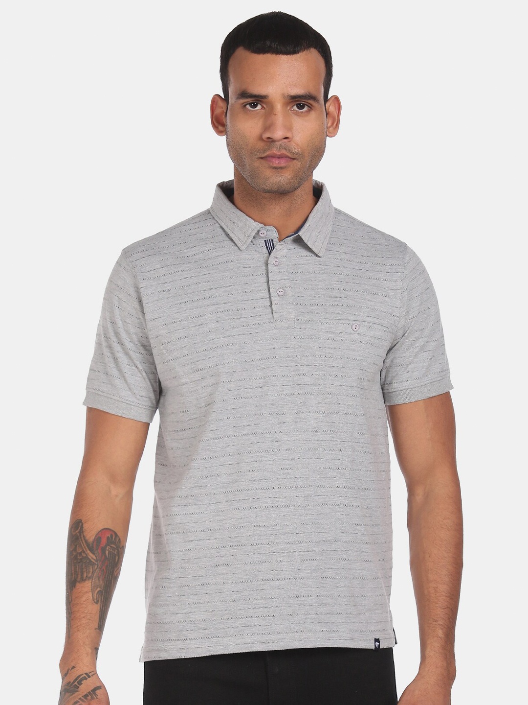

Ruggers Men Grey Melange Self-Striped Polo Collar T-shirt