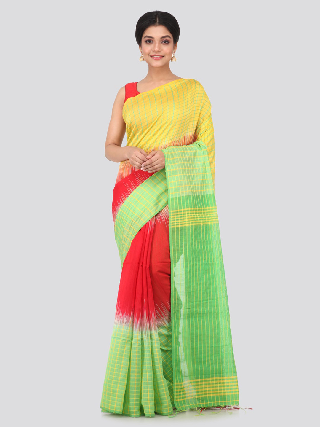 

PinkLoom Yellow & Green Cotton Blend Checked Handloom Sustainable Saree