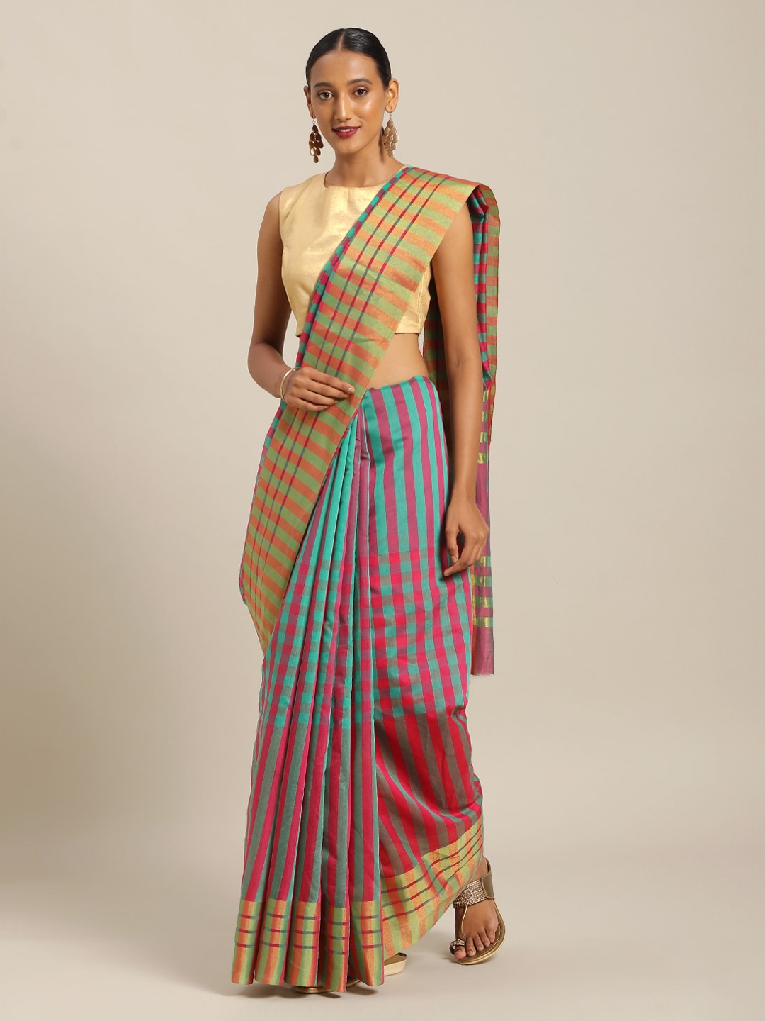 

Florence Sea Green & Red Art Silk Checked Saree